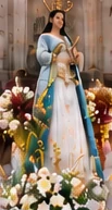 Statue of the Blessed Virgin Mary surrounded by white flowers