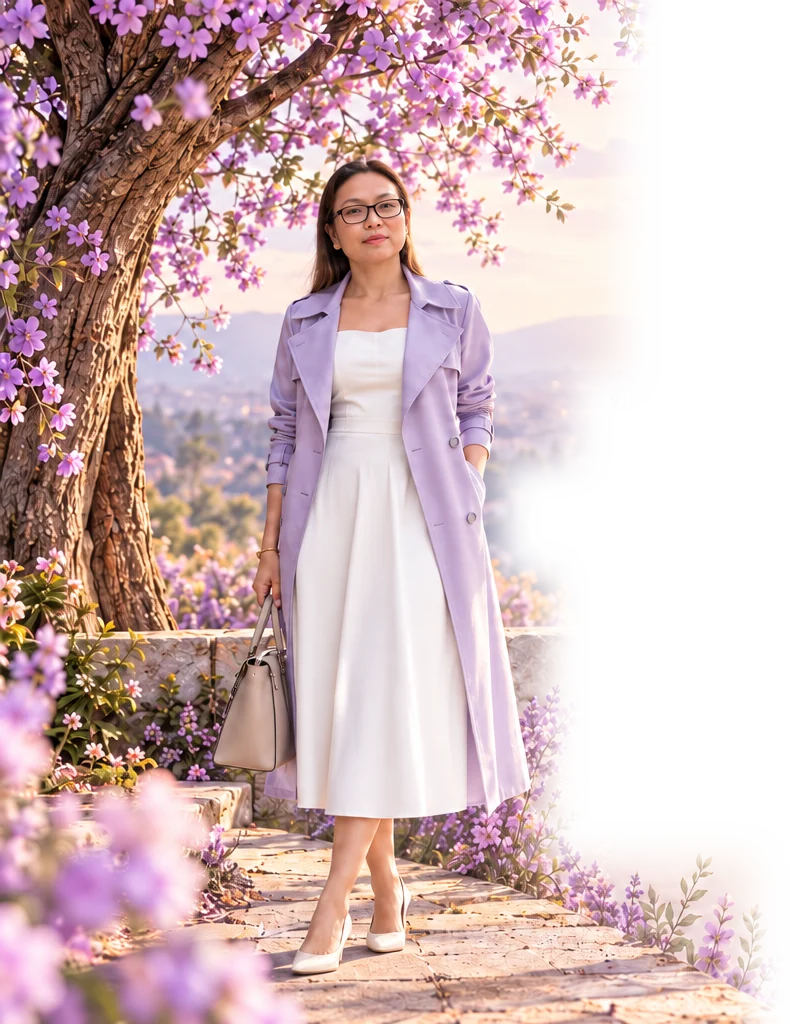 Florane Bernardo Mendoza in a lavender coat and white dress, standing beside a flowering tree