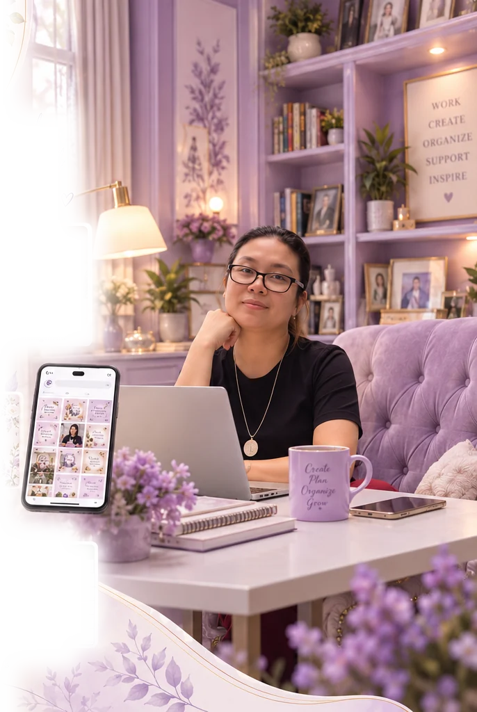 Florane smiling at her laptop in a lavender home office with bookshelves, a phone showing a social media feed, a mug and fresh flowers